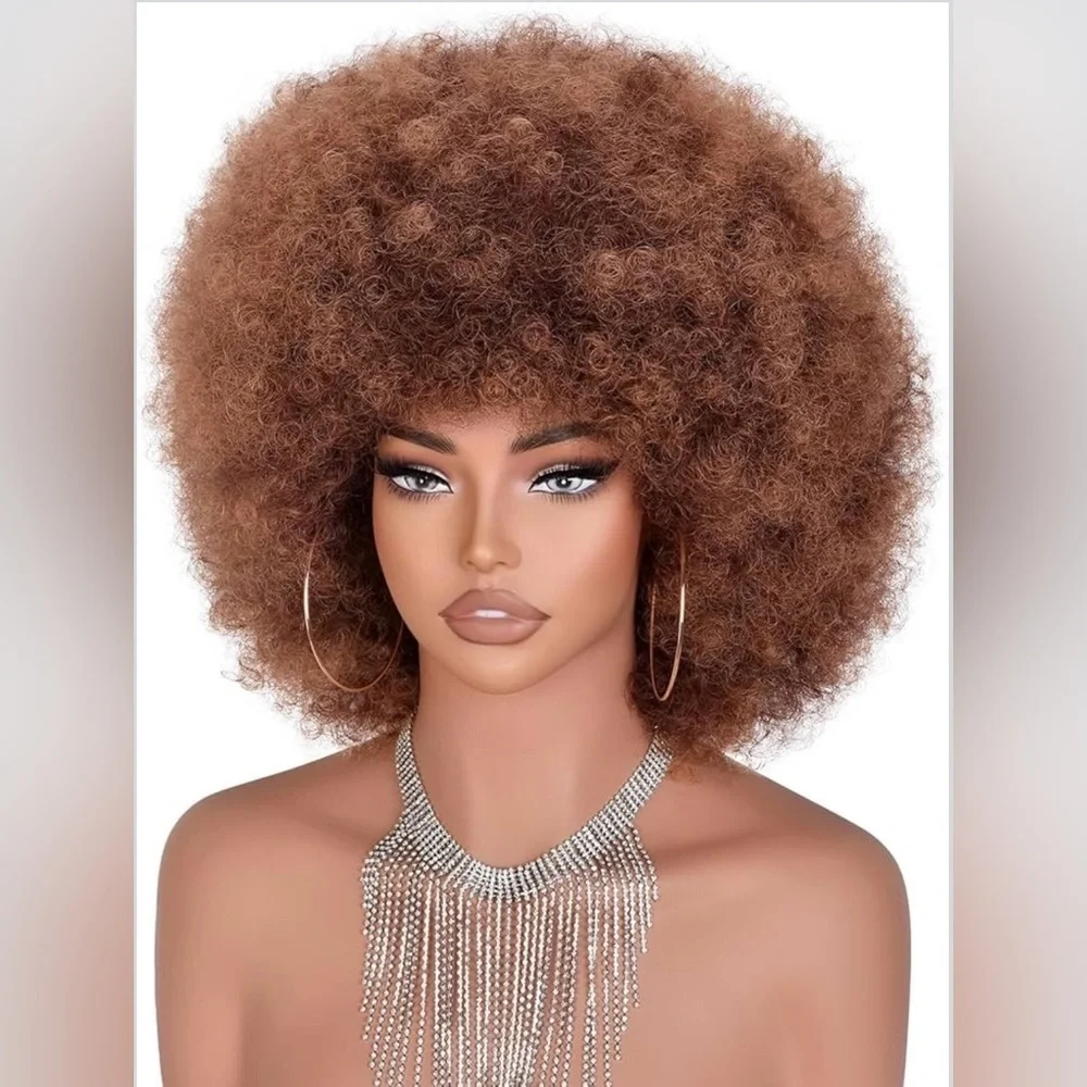 ANNISOUL Curly Afro Wig 33-30 Brown Short Kinky Afro Synthetic Wig
